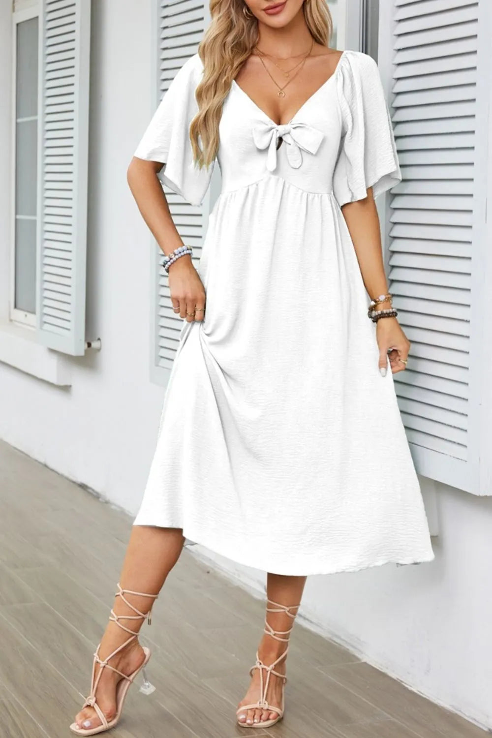 Smocked Tie Front Flutter Sleeve Midi Dress.