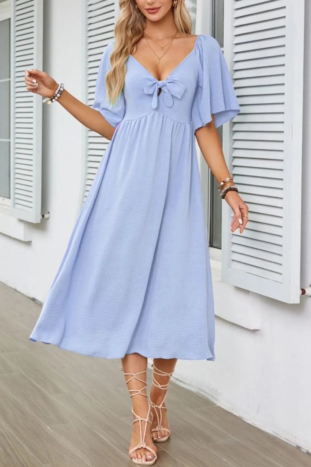 Smocked Tie Front Flutter Sleeve Midi Dress.