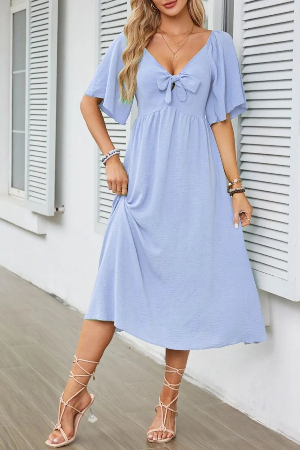 Smocked Tie Front Flutter Sleeve Midi Dress.