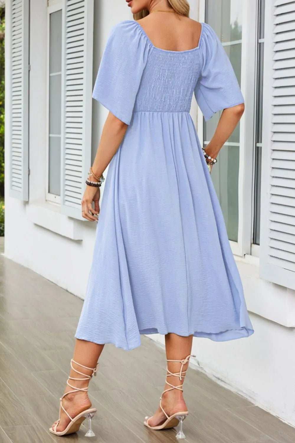 Smocked Tie Front Flutter Sleeve Midi Dress.