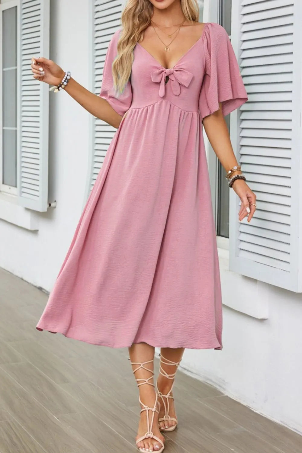 Smocked Tie Front Flutter Sleeve Midi Dress.