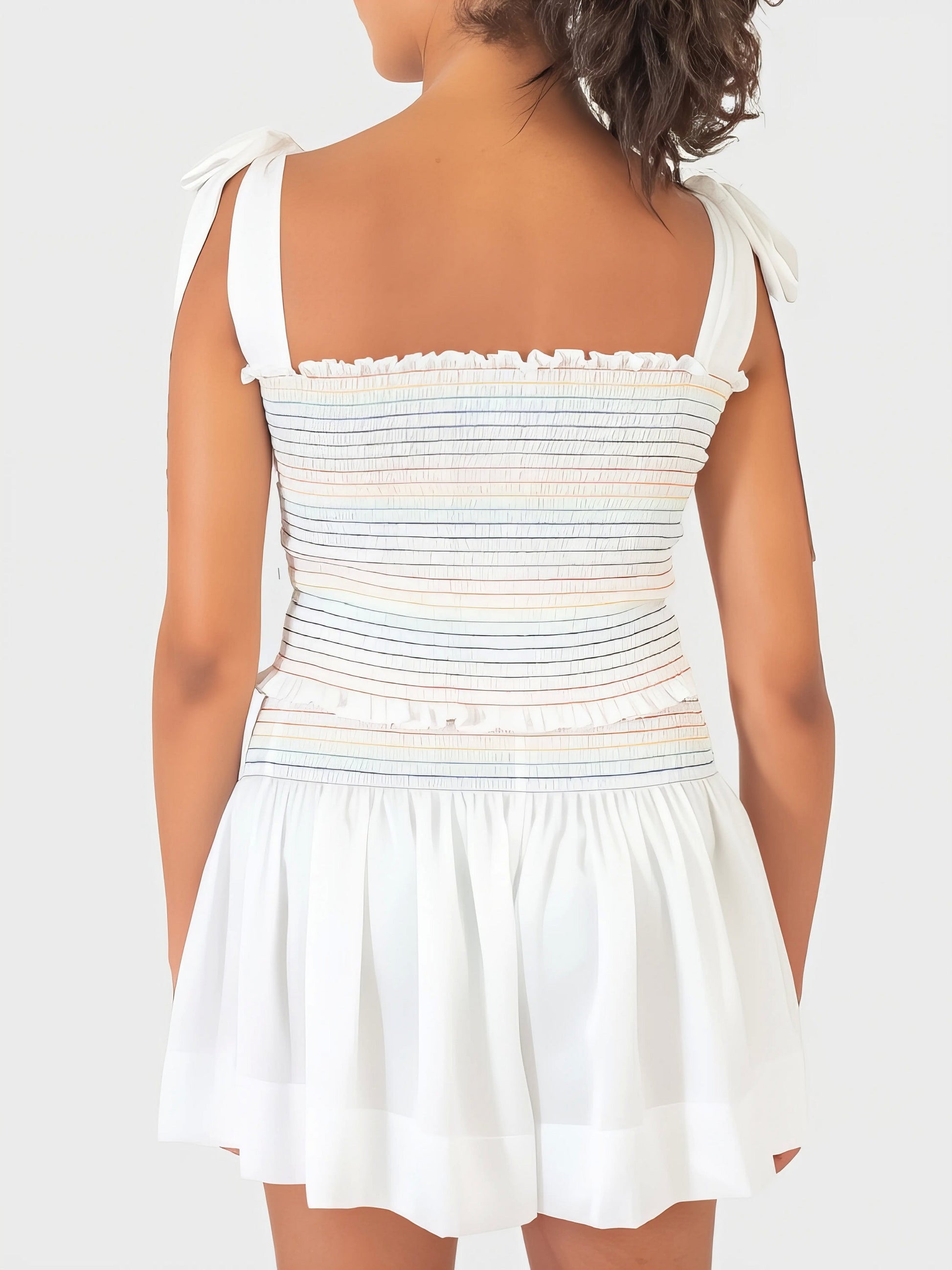 Smocked tie shoulder cami and shorts set, women's stylish two-piece outfit, comfortable smocked top, tied shoulder straps, slightly stretchy polyester, ideal for casual and chic summer looks