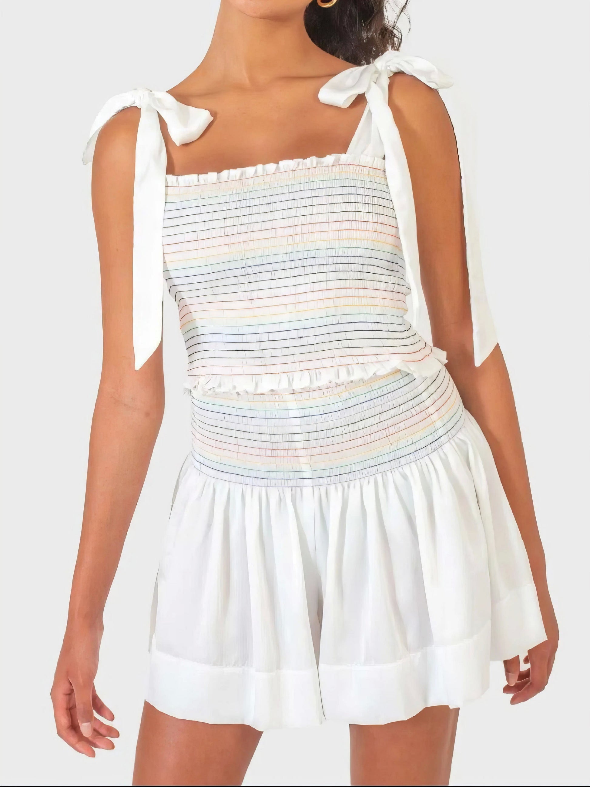 Smocked tie shoulder cami and shorts set, women's stylish two-piece outfit, comfortable smocked top, tied shoulder straps, slightly stretchy polyester, ideal for casual and chic summer looks