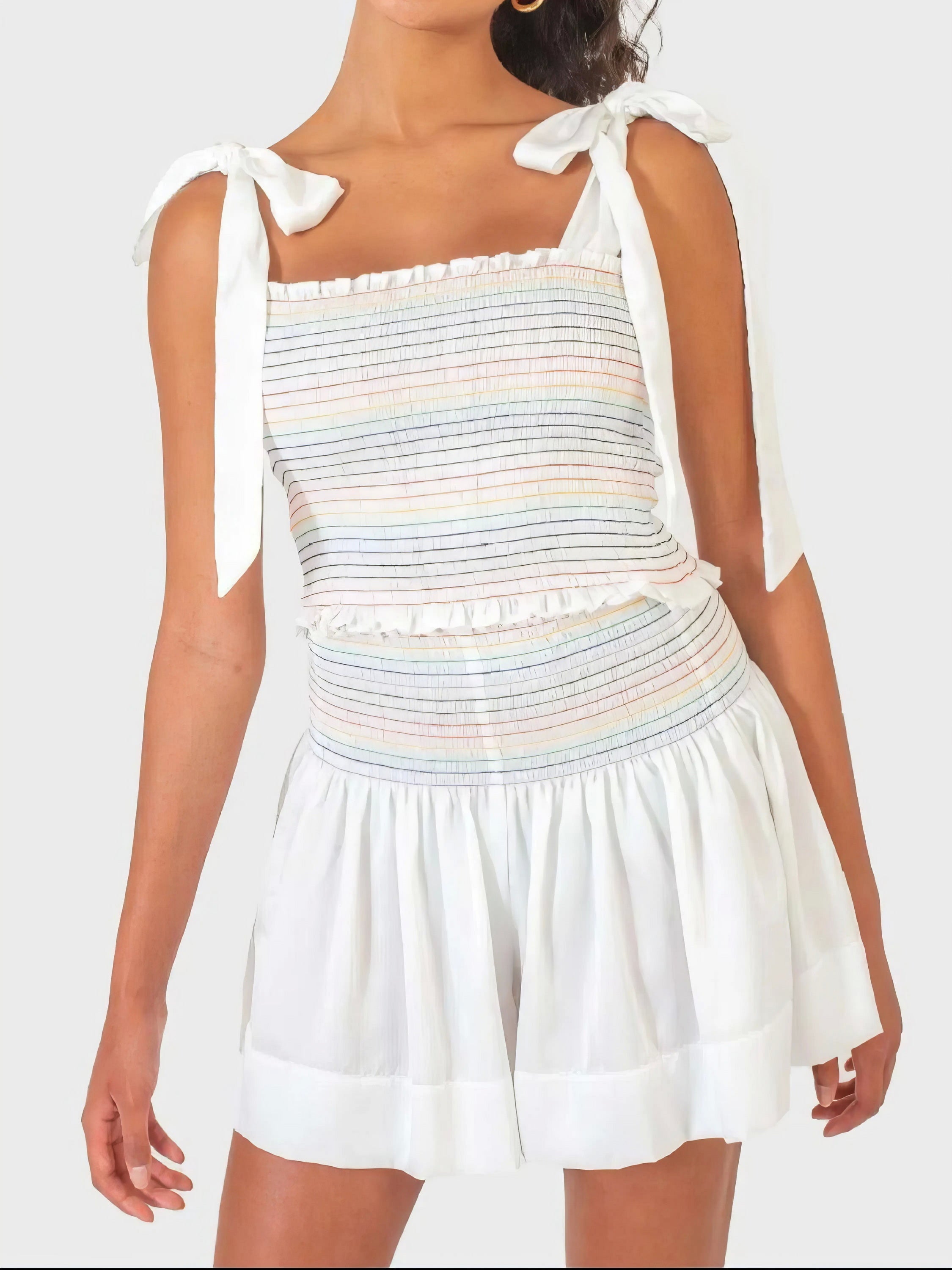Smocked tie shoulder cami and shorts set, women's stylish two-piece outfit, comfortable smocked top, tied shoulder straps, slightly stretchy polyester, ideal for casual and chic summer looks