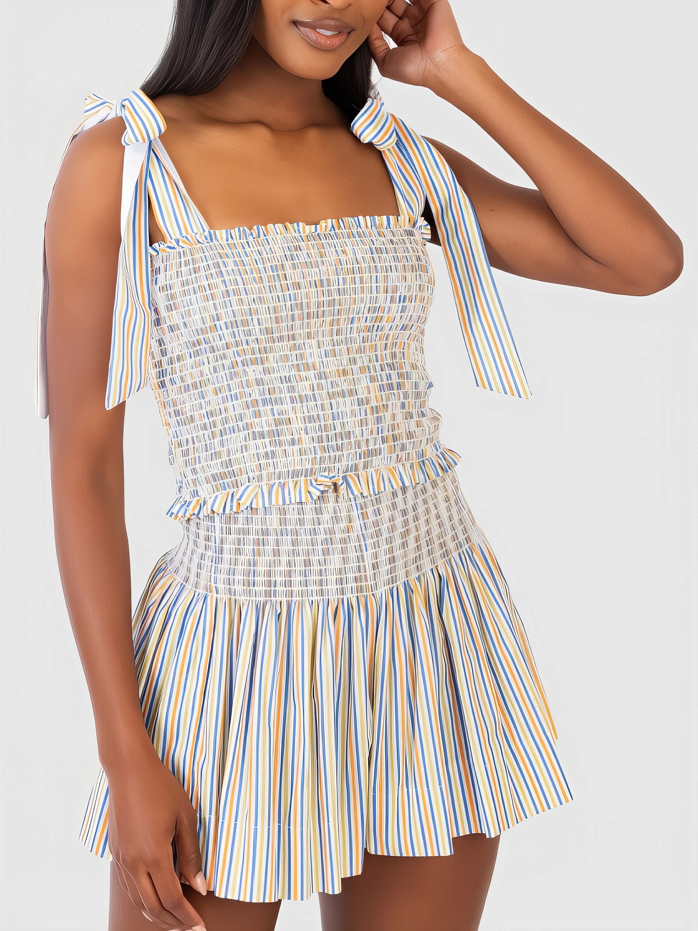 Smocked tie shoulder cami and shorts set, women's stylish two-piece outfit, comfortable smocked top, tied shoulder straps, slightly stretchy polyester, ideal for casual and chic summer looks