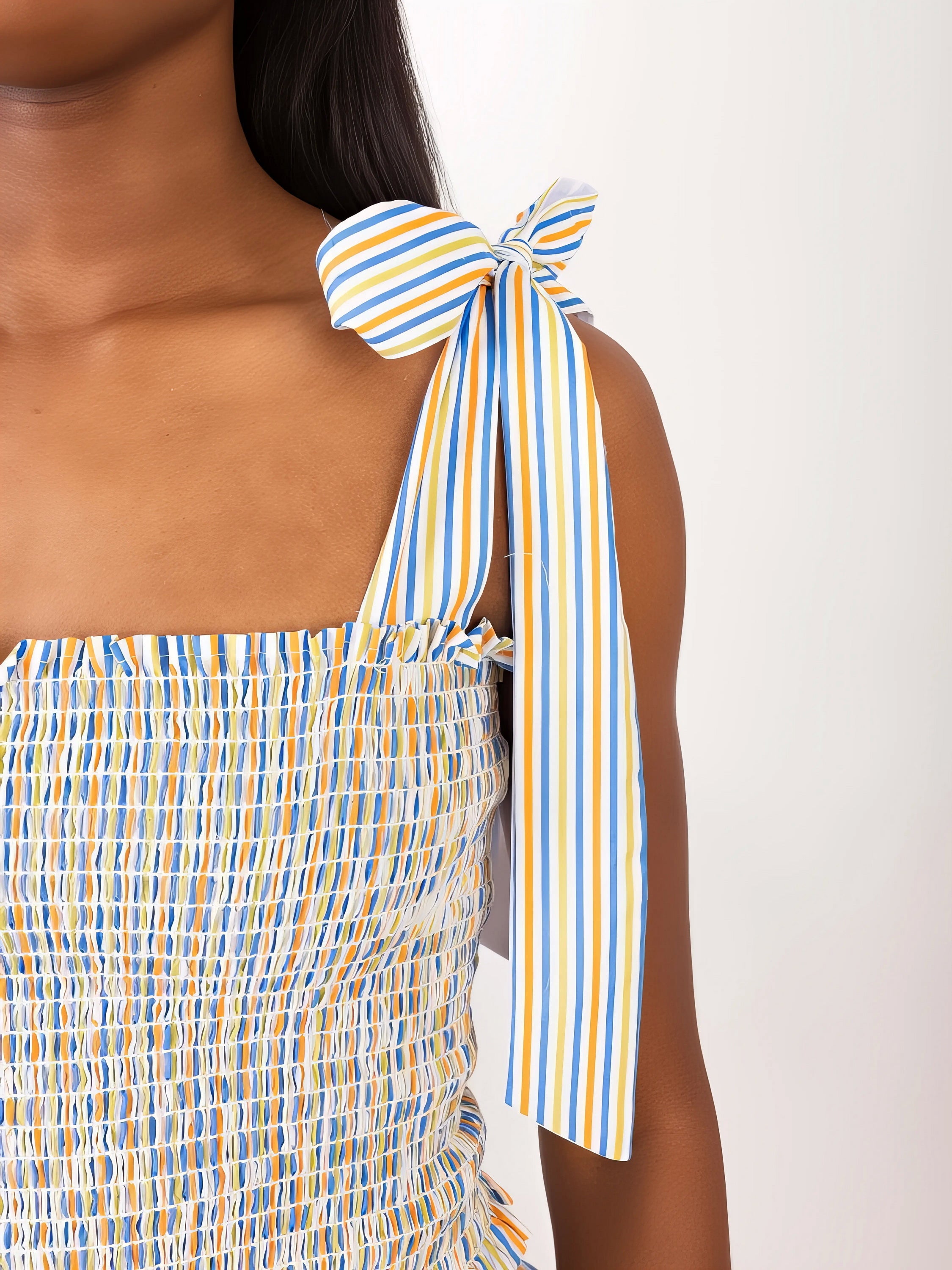 Smocked tie shoulder cami and shorts set, women's stylish two-piece outfit, comfortable smocked top, tied shoulder straps, slightly stretchy polyester, ideal for casual and chic summer looks