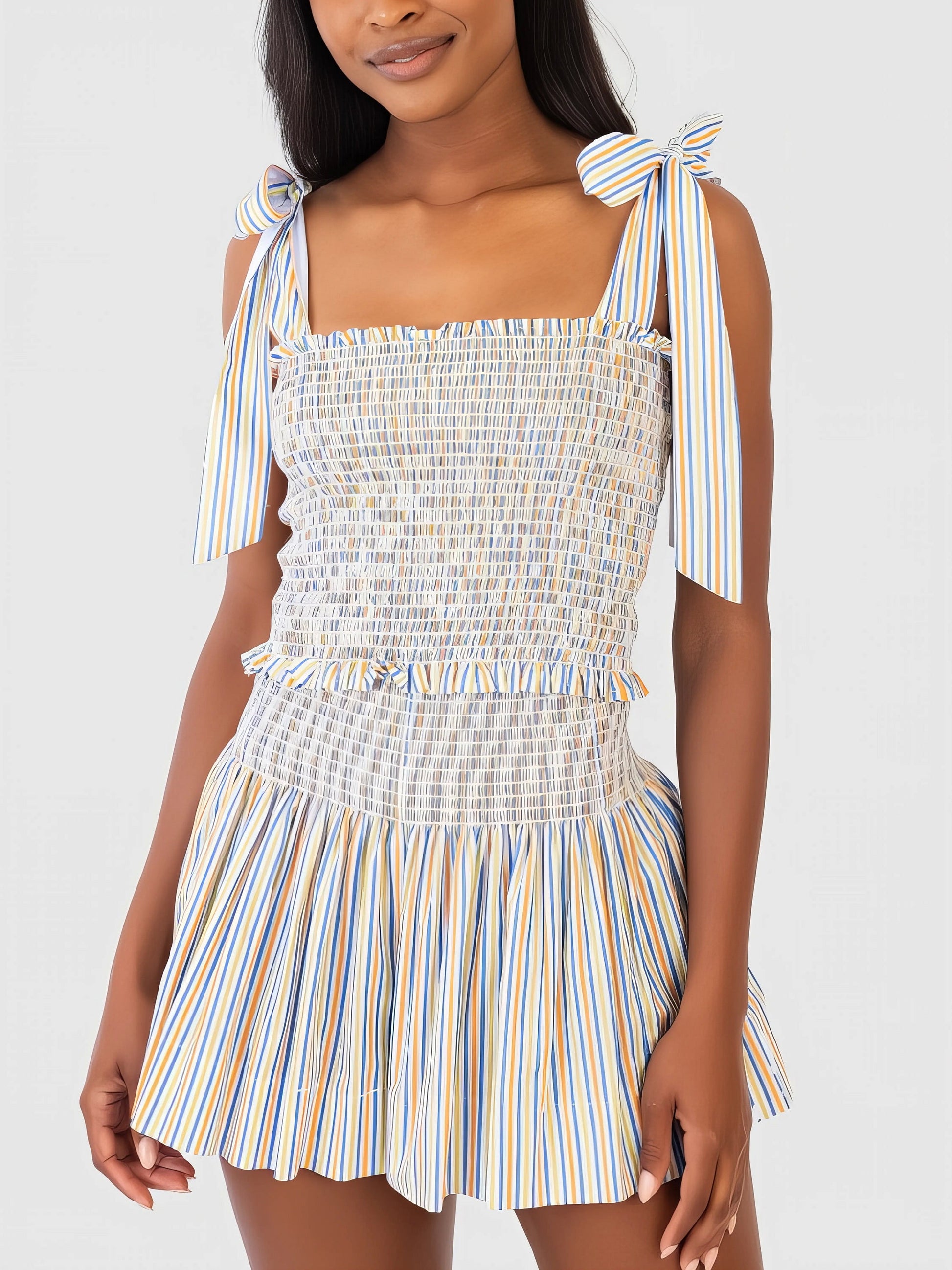 Smocked tie shoulder cami and shorts set, women's stylish two-piece outfit, comfortable smocked top, tied shoulder straps, slightly stretchy polyester, ideal for casual and chic summer looks