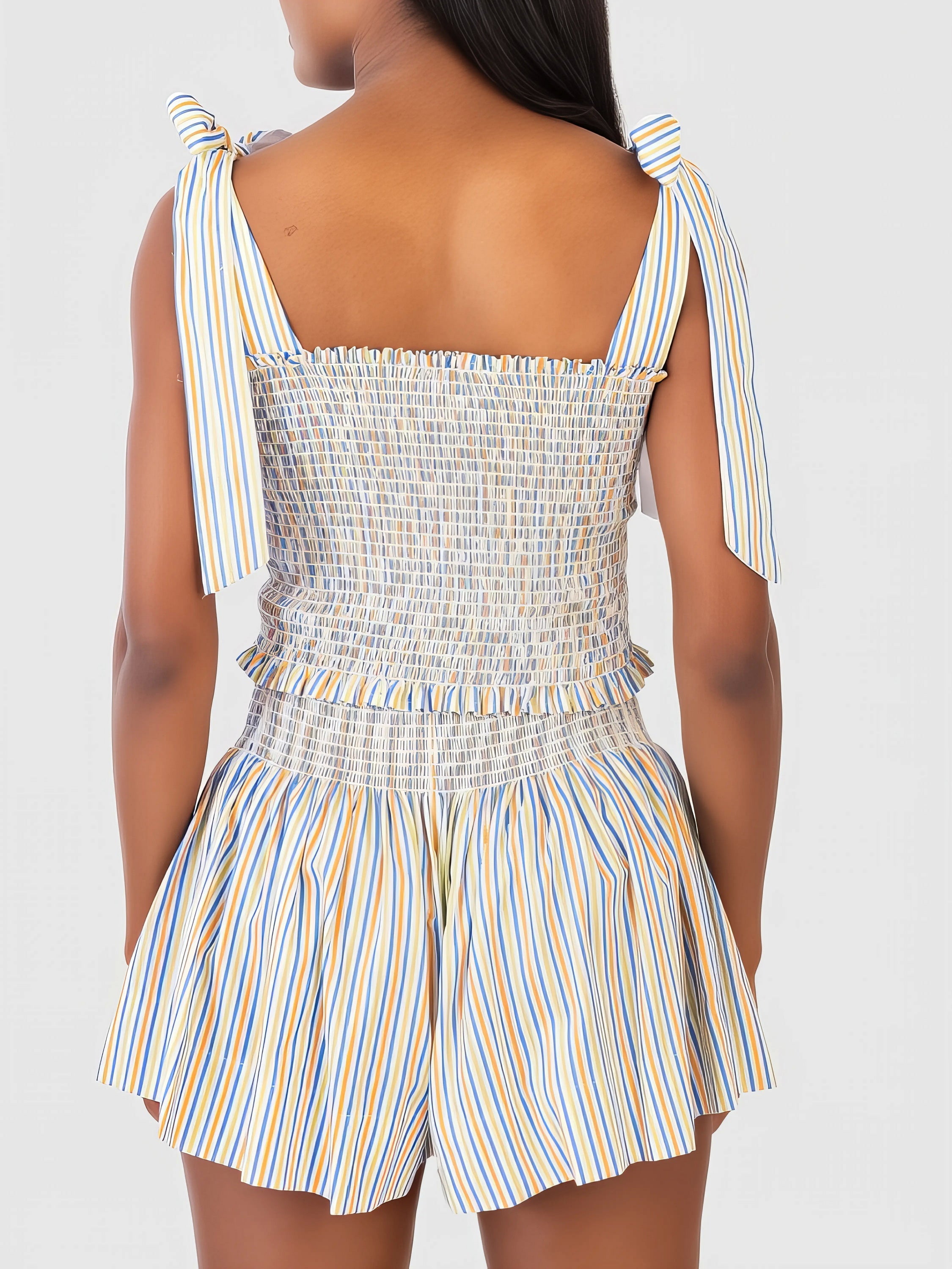 Smocked tie shoulder cami and shorts set, women's stylish two-piece outfit, comfortable smocked top, tied shoulder straps, slightly stretchy polyester, ideal for casual and chic summer looks