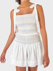 Smocked tie shoulder cami and shorts set, women's stylish two-piece outfit, comfortable smocked top, tied shoulder straps, slightly stretchy polyester, ideal for casual and chic summer looks