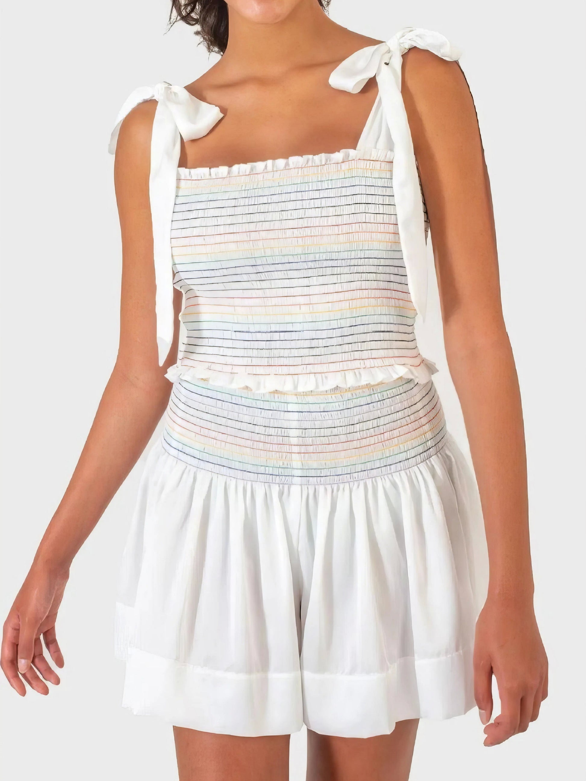 Smocked tie shoulder cami and shorts set, women's stylish two-piece outfit, comfortable smocked top, tied shoulder straps, slightly stretchy polyester, ideal for casual and chic summer looks