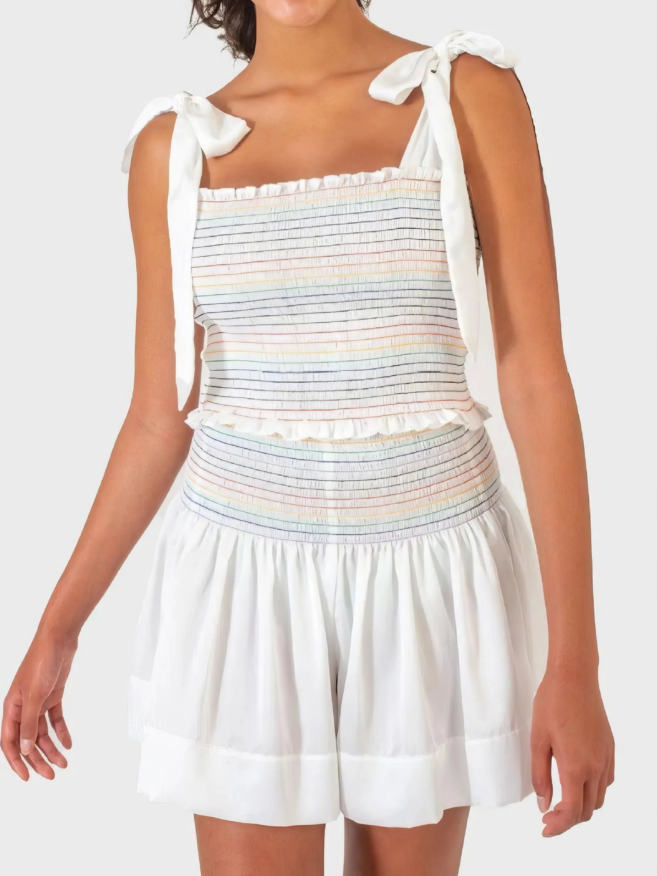 Smocked tie shoulder cami and shorts set, women's stylish two-piece outfit, comfortable smocked top, tied shoulder straps, slightly stretchy polyester, ideal for casual and chic summer looks