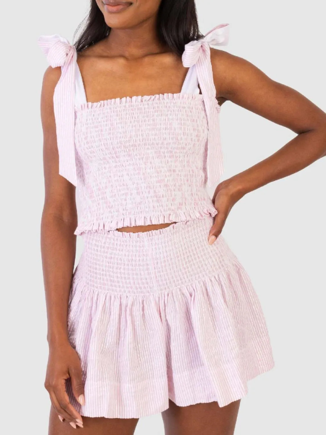 Smocked Tie Shoulder Top and Mini Skirt Set.