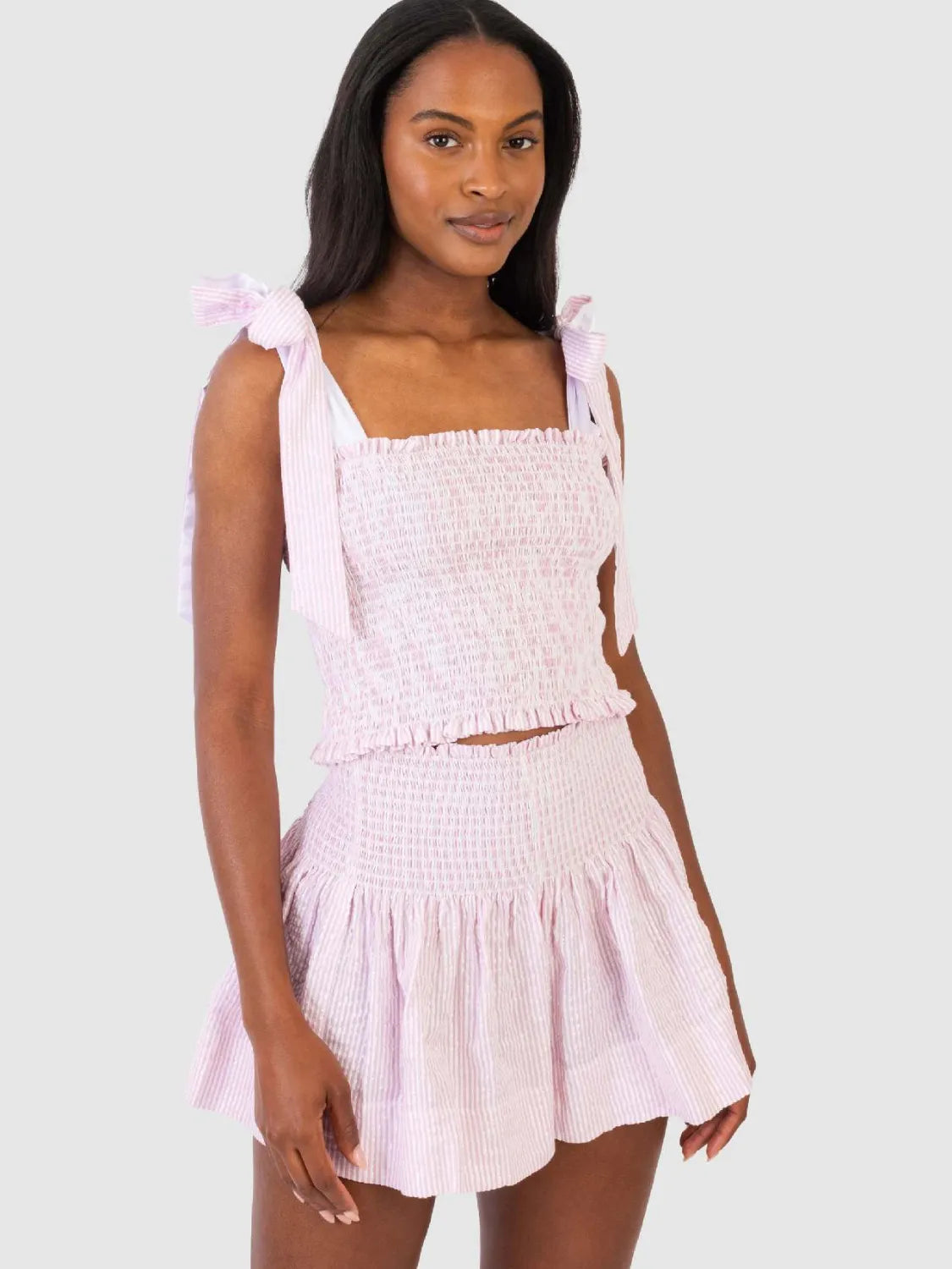Smocked Tie Shoulder Top and Mini Skirt Set.