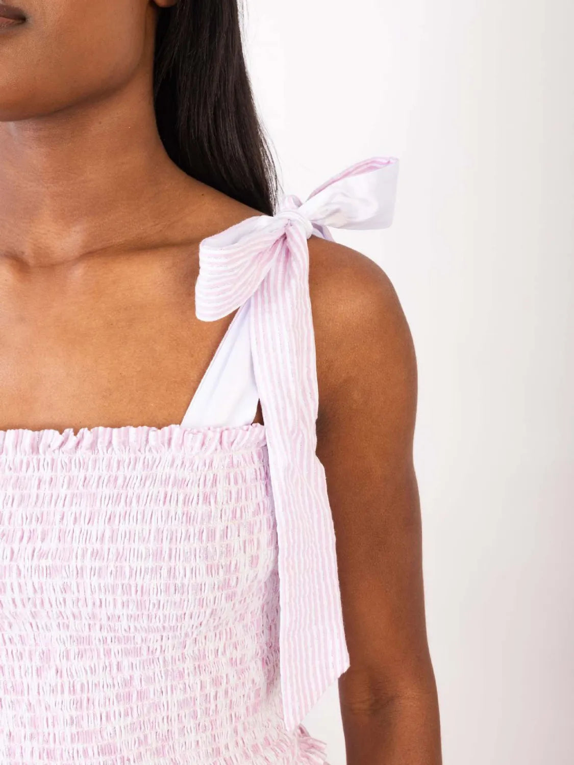 Smocked Tie Shoulder Top and Mini Skirt Set.