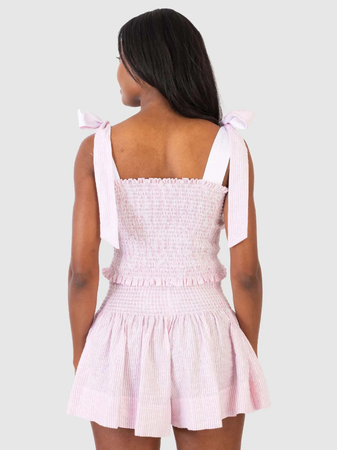 Smocked Tie Shoulder Top and Mini Skirt Set.