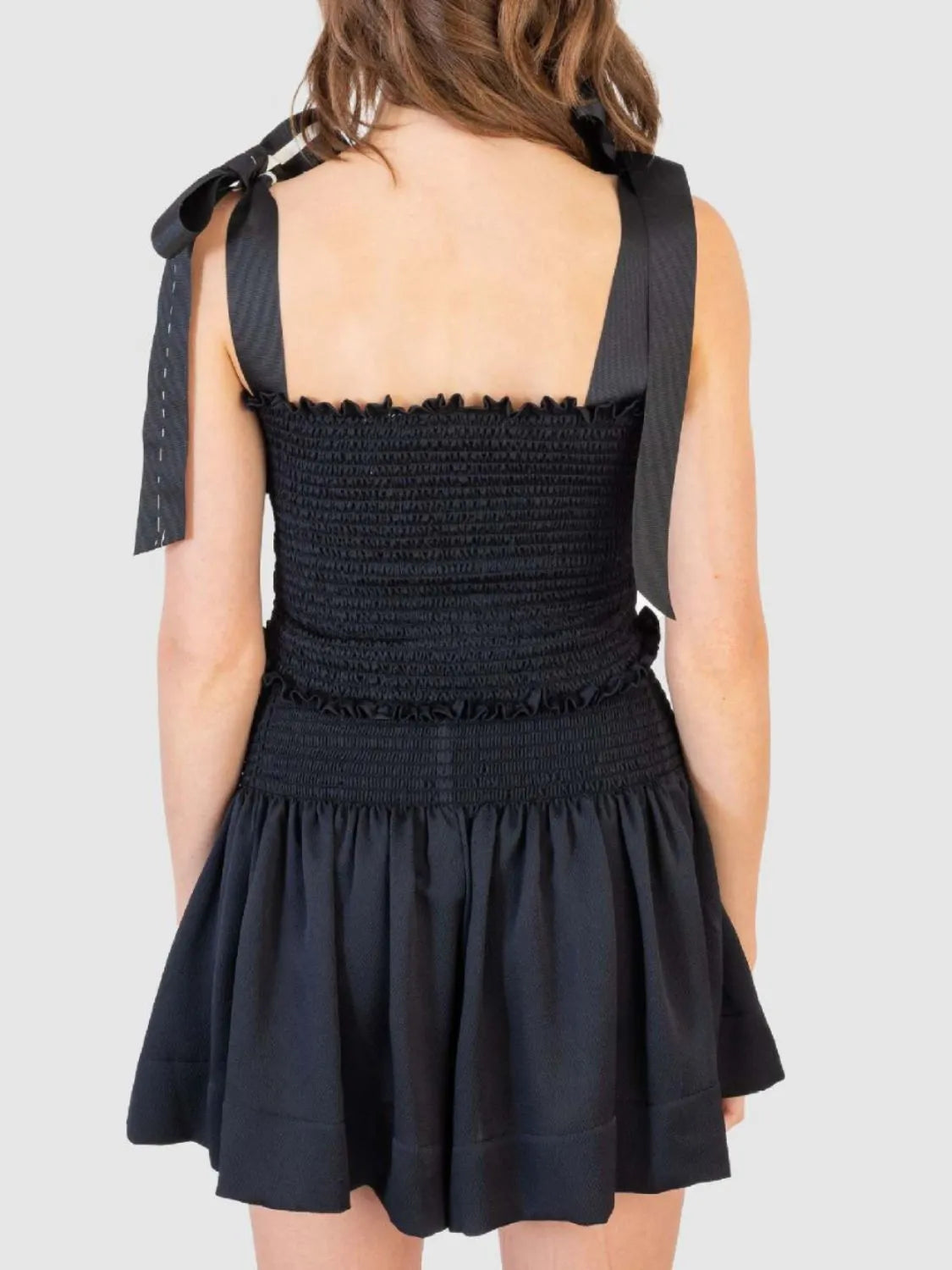 Smocked Tie Shoulder Top and Mini Skirt Set.