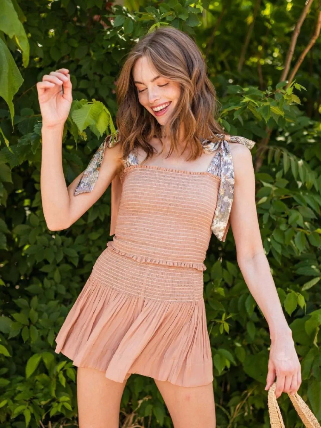 Smocked Tie Shoulder Top and Mini Skirt Set.