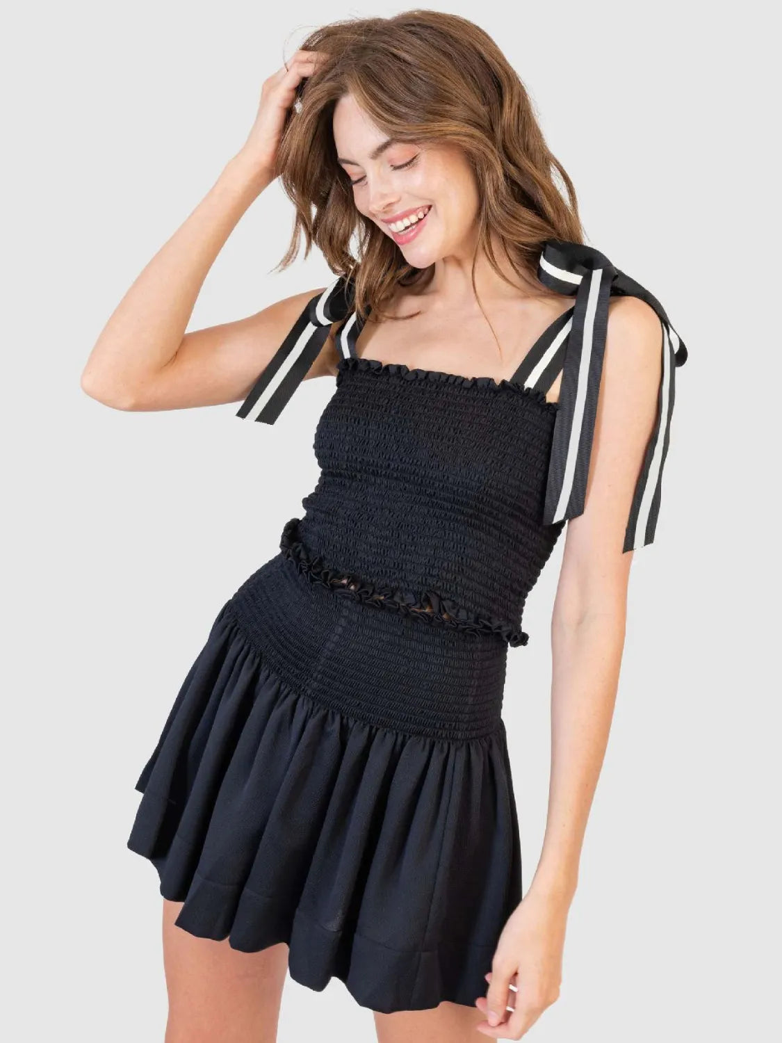 Smocked Tie Shoulder Top and Mini Skirt Set.