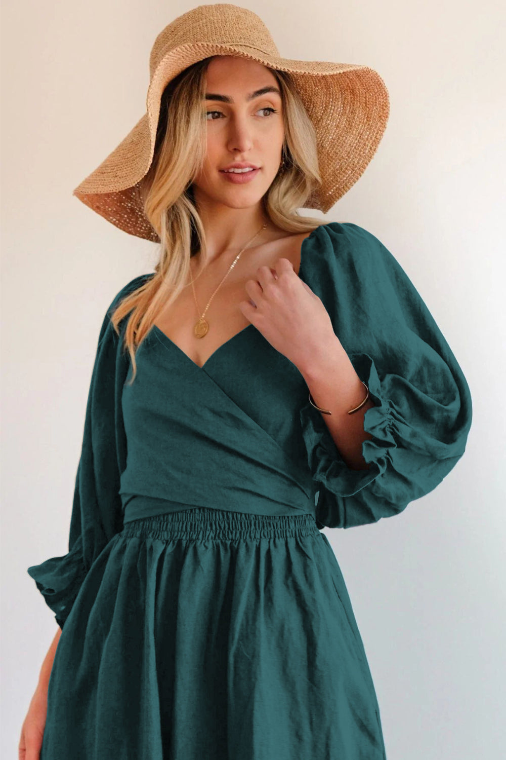Smocked Tied Flounce Sleeve Midi Dress.