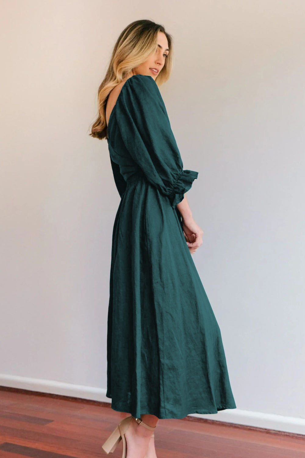 Smocked Tied Flounce Sleeve Midi Dress.