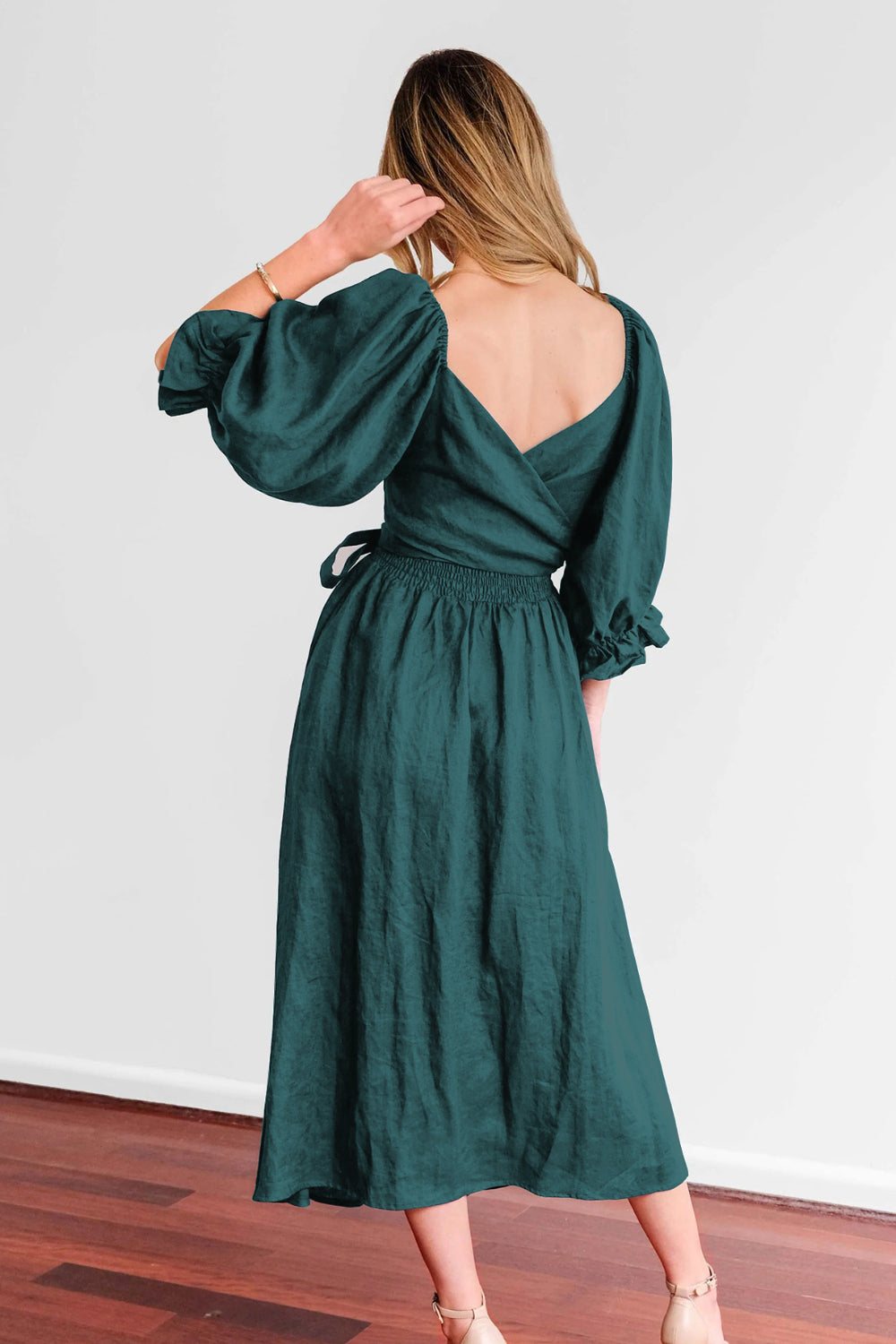 Smocked Tied Flounce Sleeve Midi Dress.