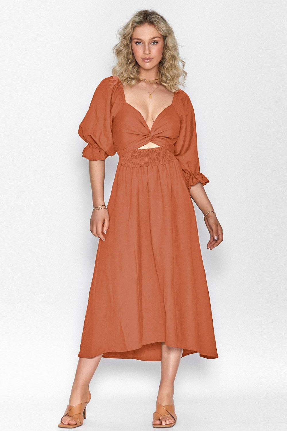 Smocked Tied Flounce Sleeve Midi Dress.
