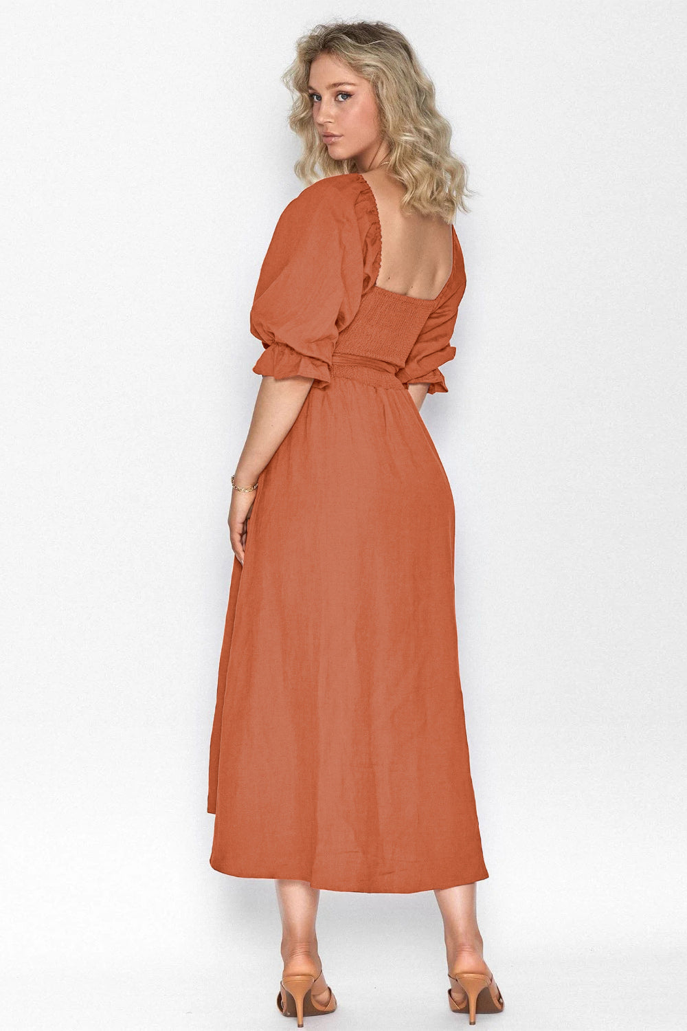 Smocked Tied Flounce Sleeve Midi Dress.