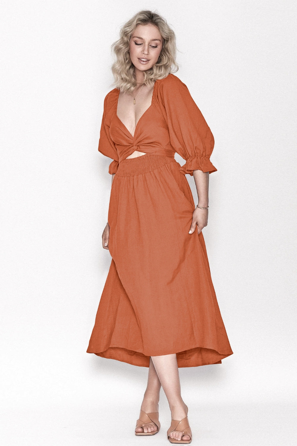 Smocked Tied Flounce Sleeve Midi Dress.