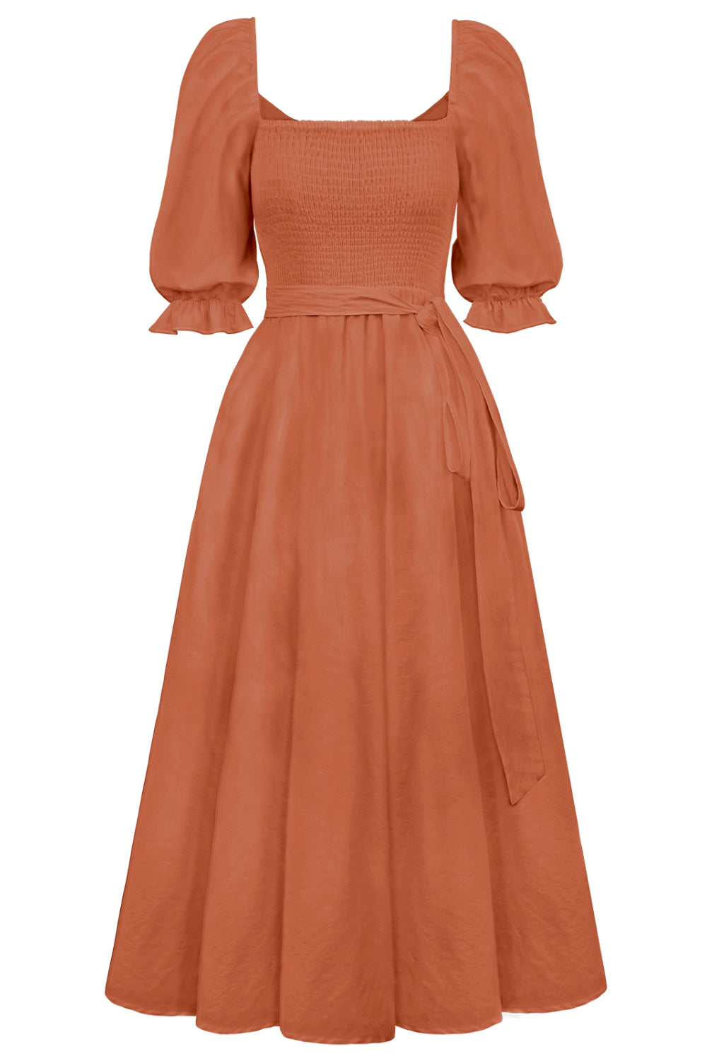 Smocked Tied Flounce Sleeve Midi Dress.