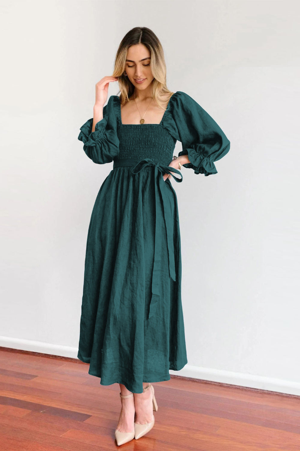 Smocked Tied Flounce Sleeve Midi Dress.