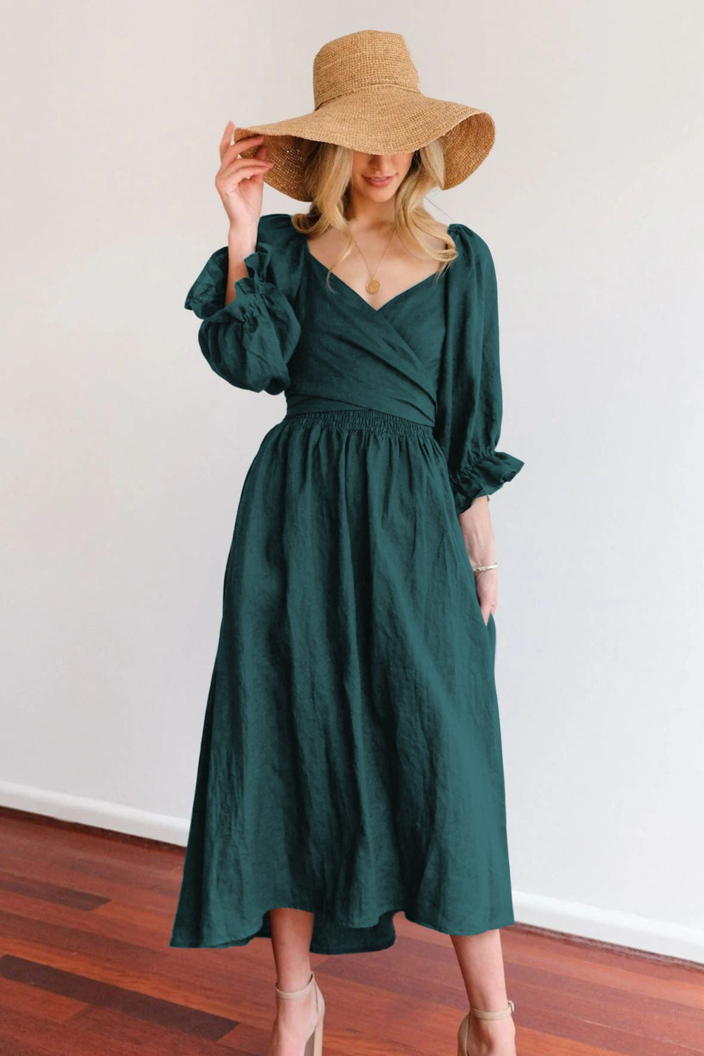 Smocked Tied Flounce Sleeve Midi Dress.
