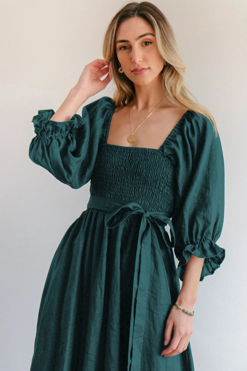 Smocked Tied Flounce Sleeve Midi Dress.
