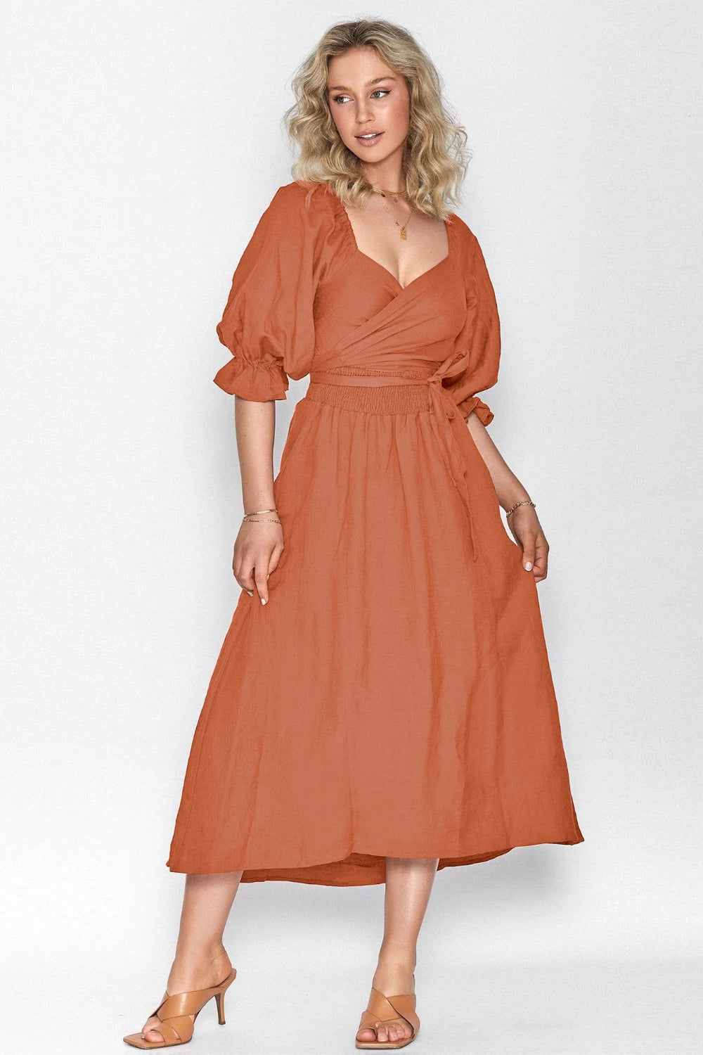 Smocked Tied Flounce Sleeve Midi Dress.