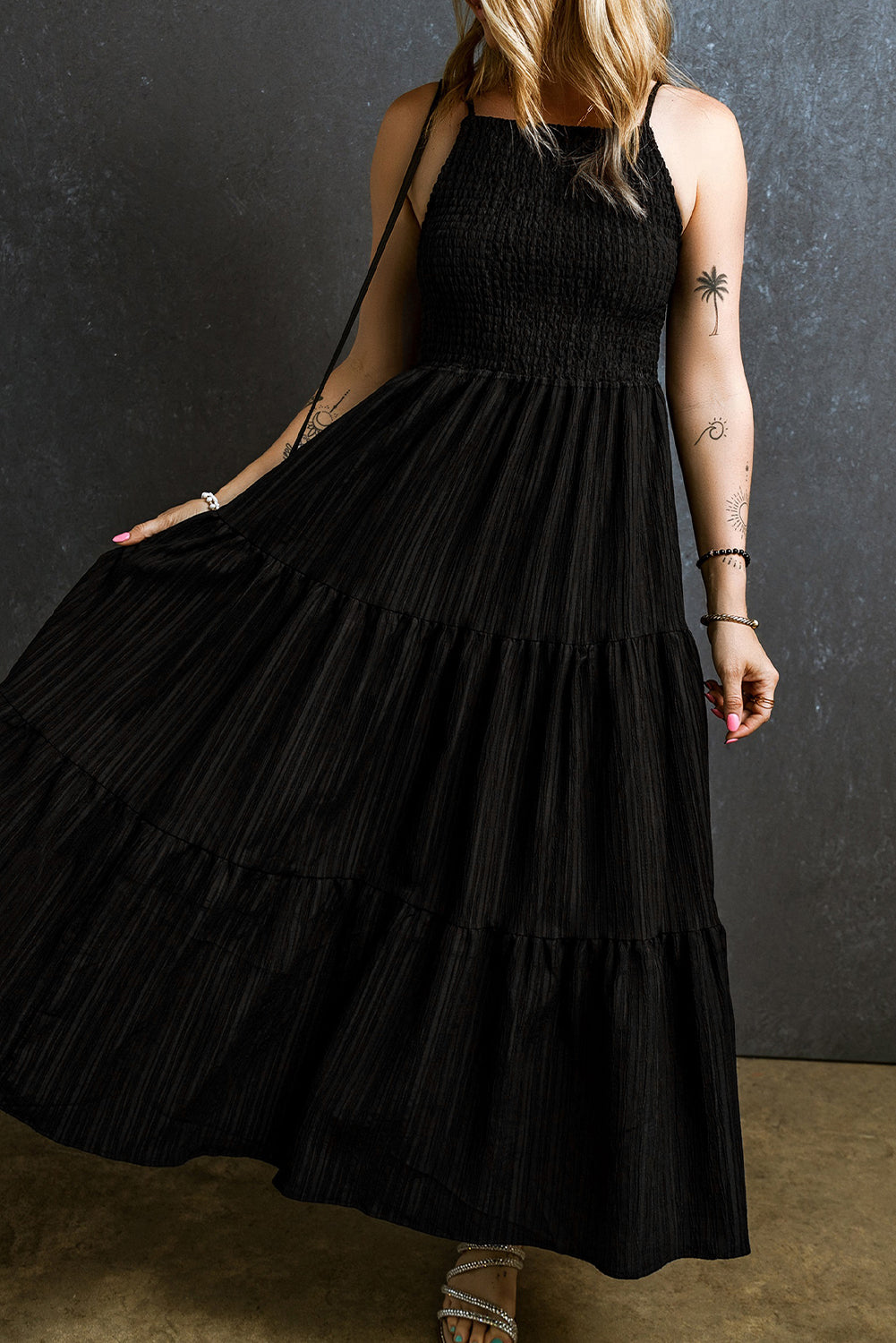 Smocked Tiered Spaghetti Strap Dress.
