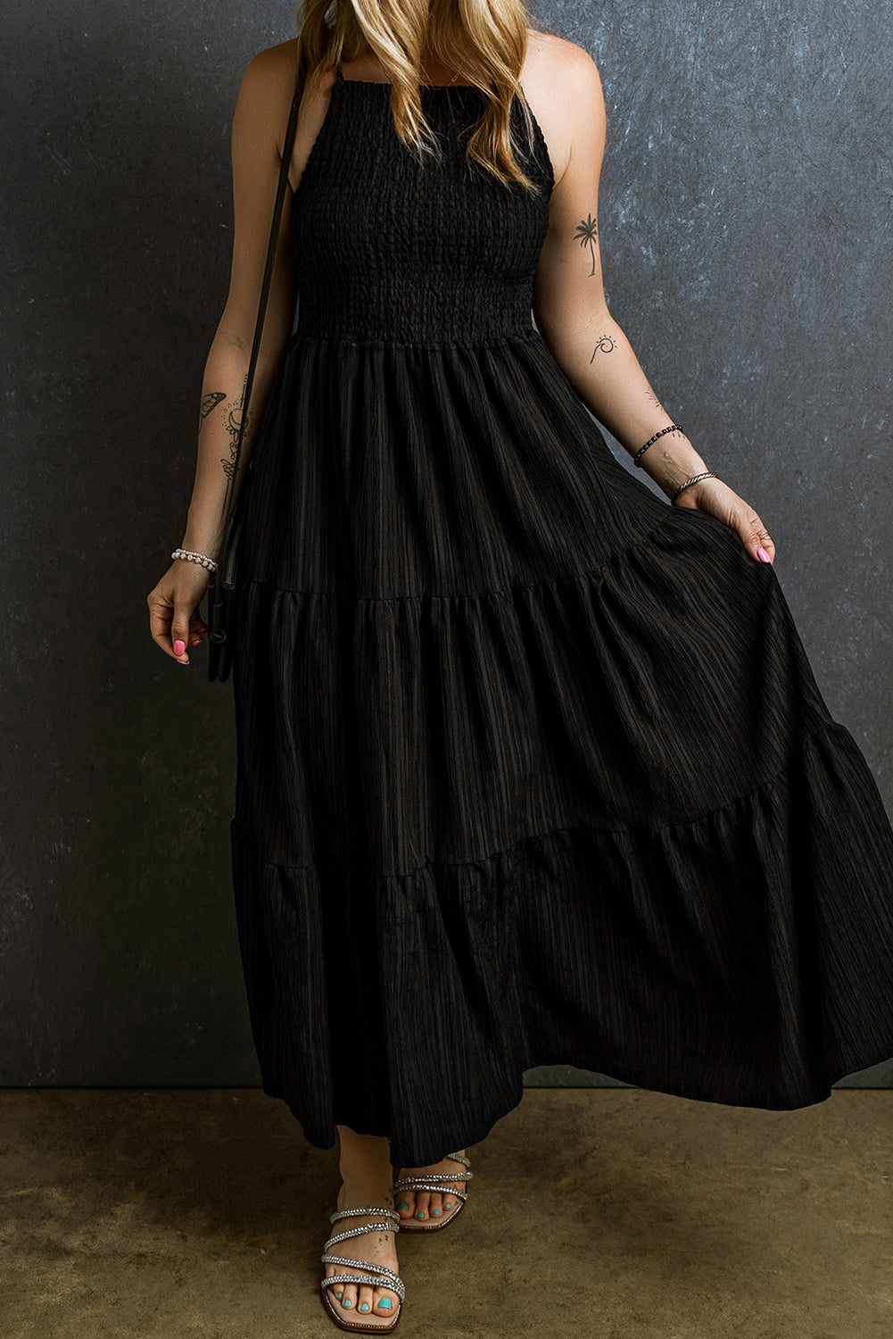 Smocked Tiered Spaghetti Strap Dress.