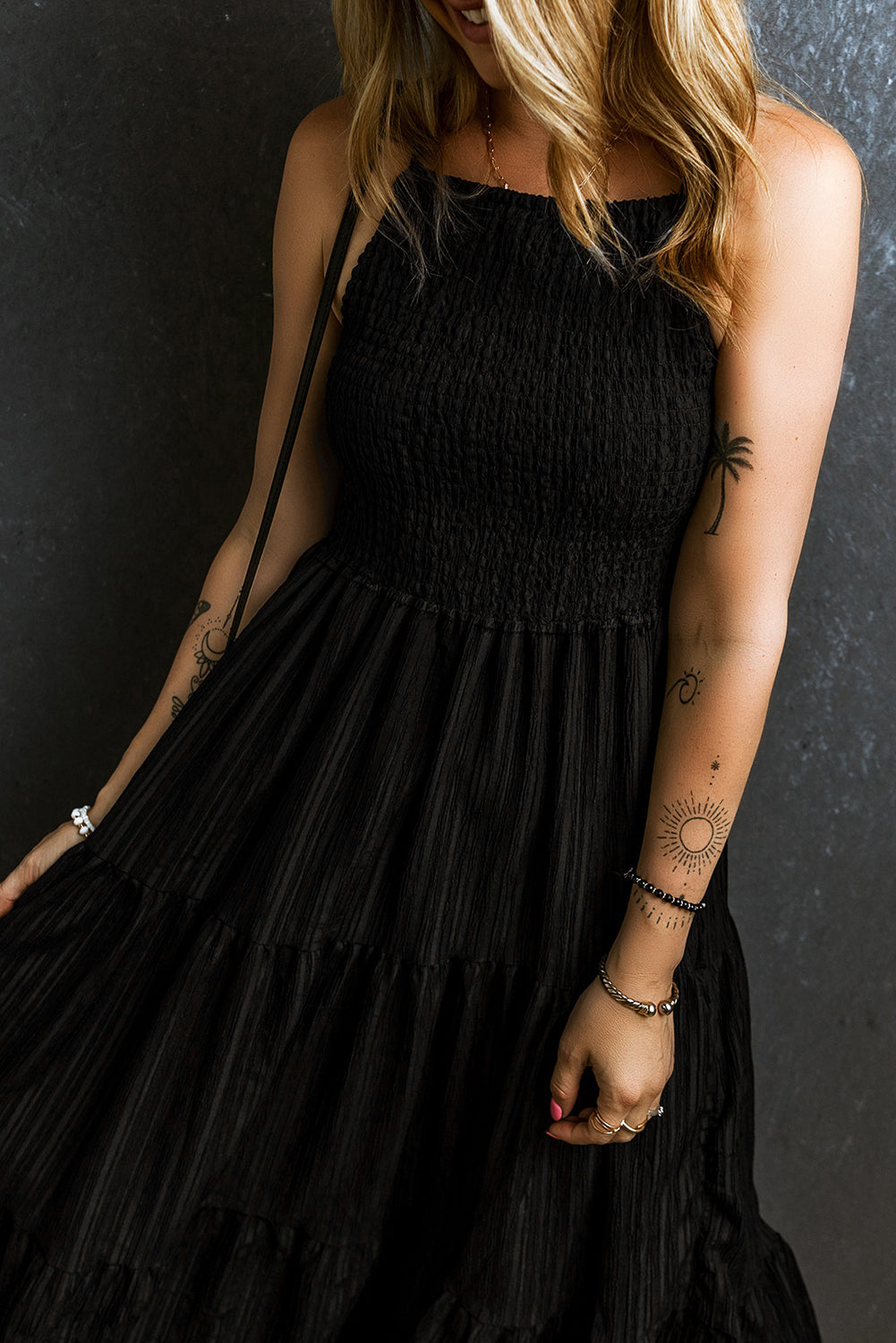 Smocked Tiered Spaghetti Strap Dress.