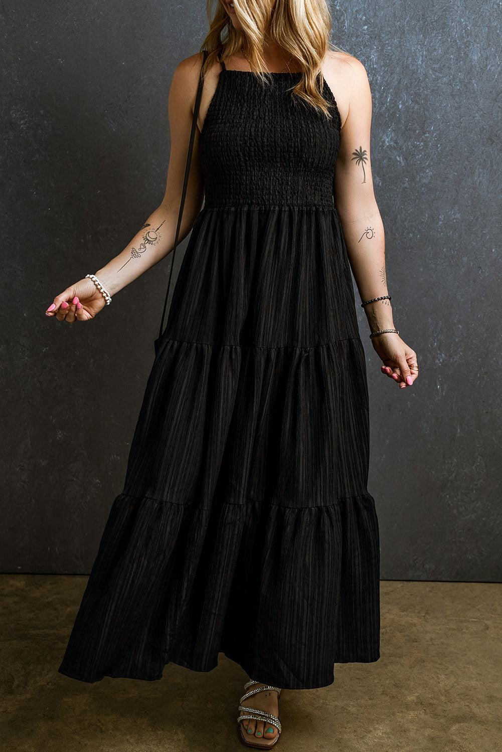 Smocked Tiered Spaghetti Strap Dress.