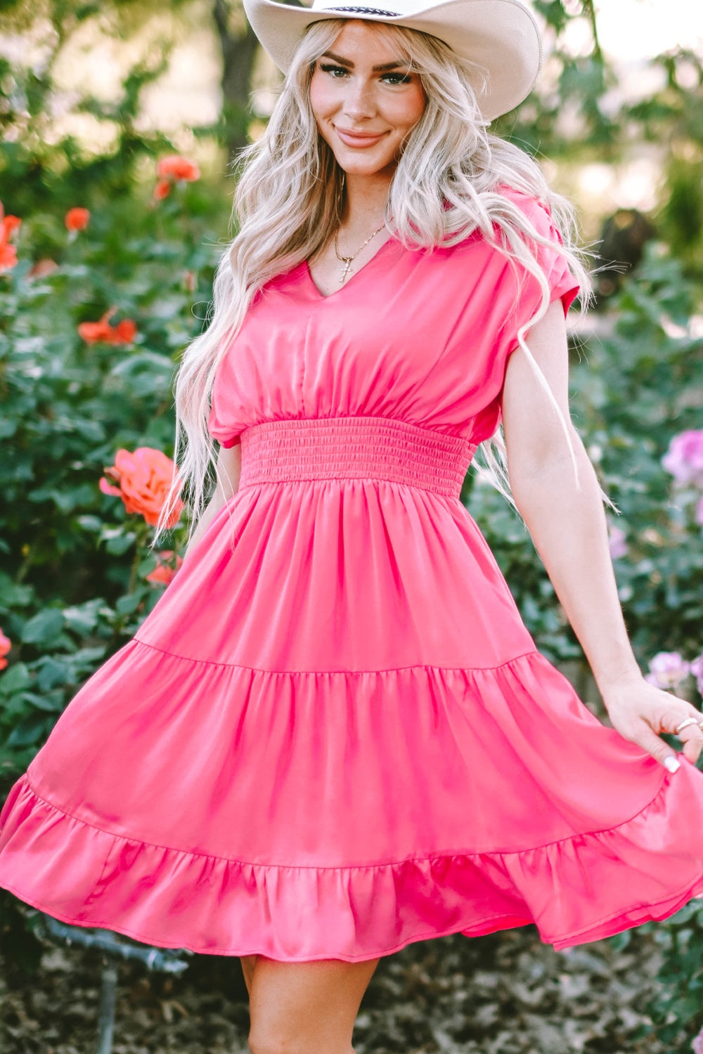 Smocked V-Neck Cap Sleeve Dress.