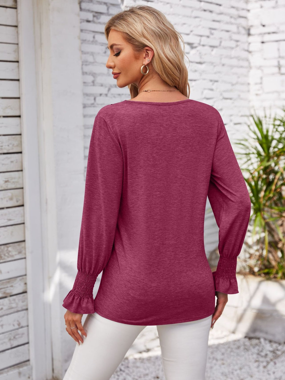 Smocked V-Neck Long Sleeve Blouse.