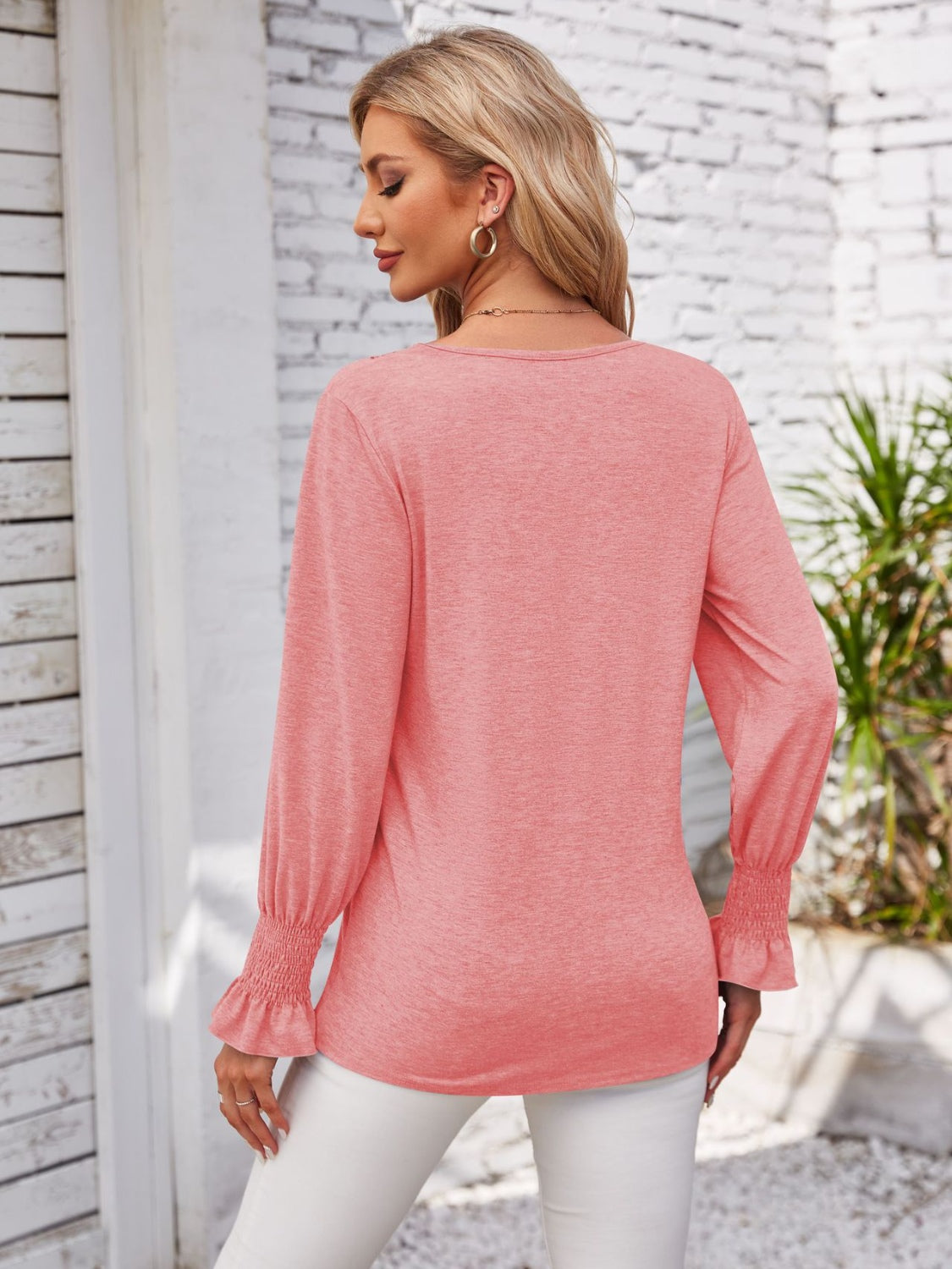 Smocked V-Neck Long Sleeve Blouse.