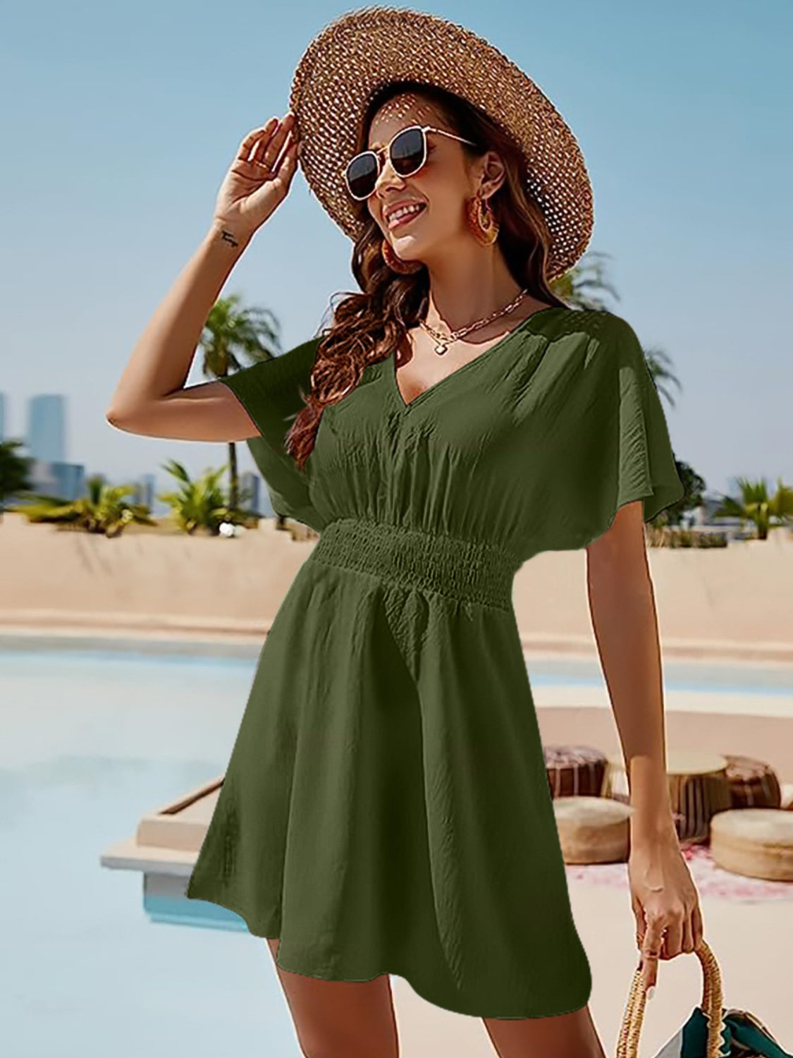 Smocked V-Neck Short Sleeve Dress.