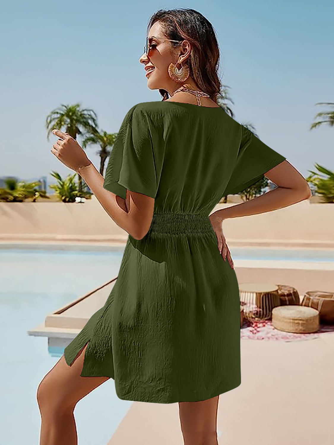 Smocked V-Neck Short Sleeve Dress.