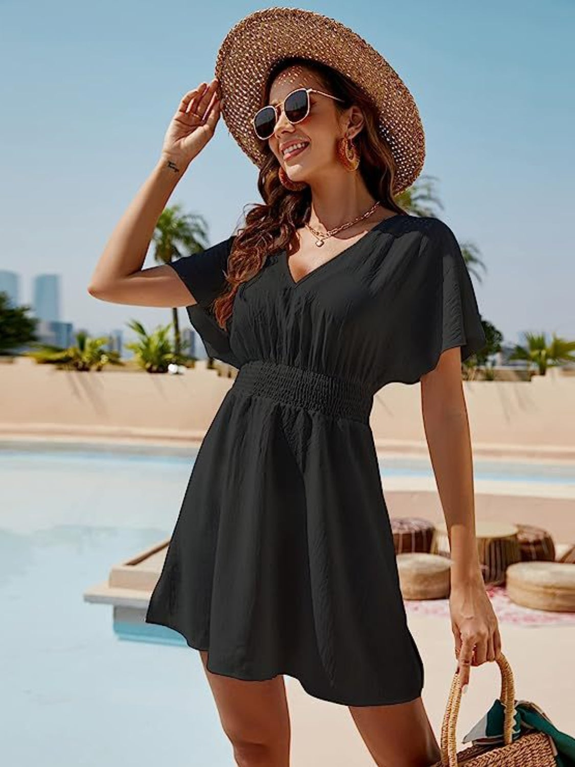 Smocked V-Neck Short Sleeve Dress.