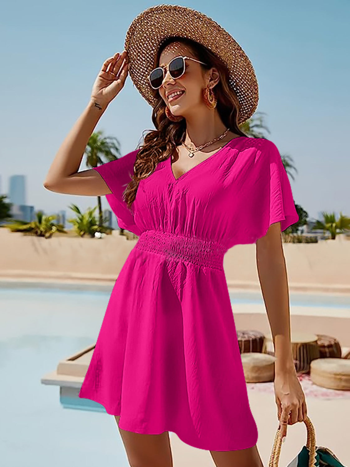 Smocked V-Neck Short Sleeve Dress.