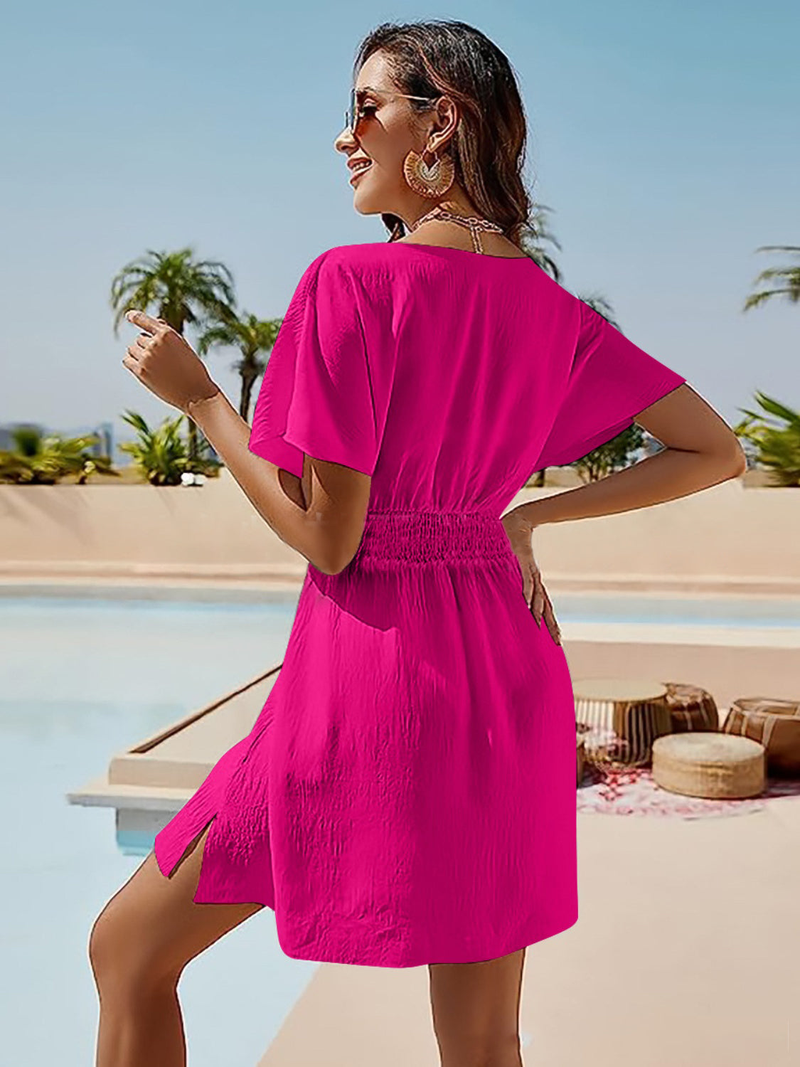 Smocked V-Neck Short Sleeve Dress.