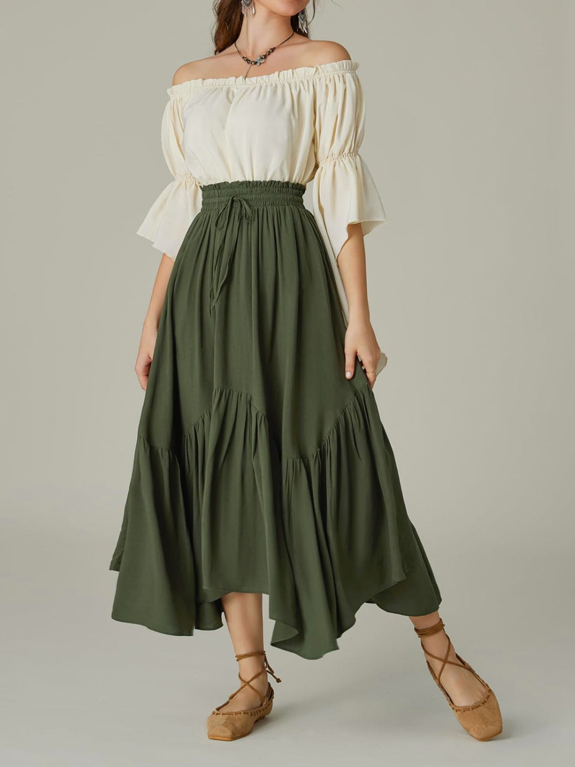 Smocked Waist Band Ruched Layered Skirt.