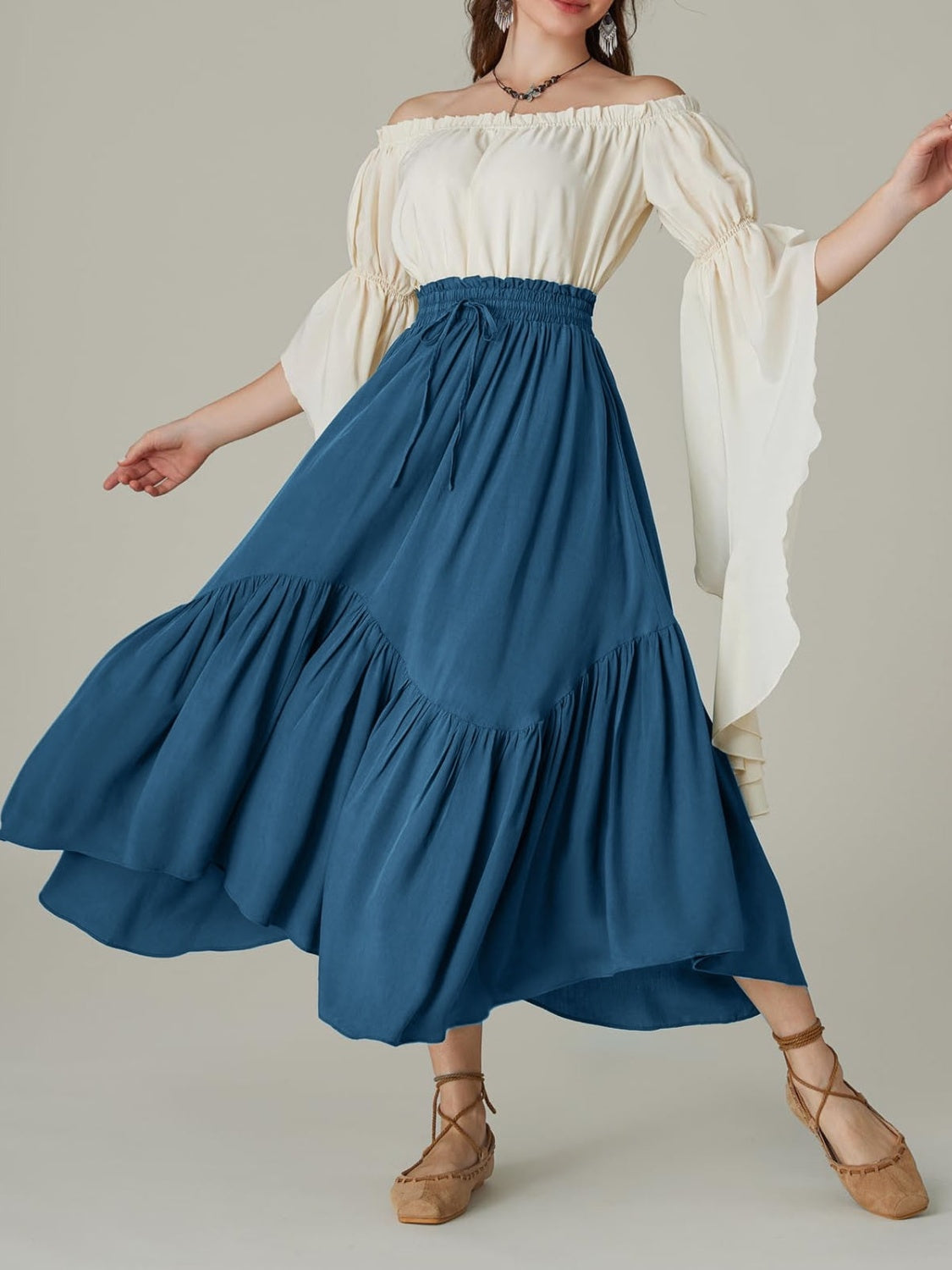 Smocked Waist Band Ruched Layered Skirt.