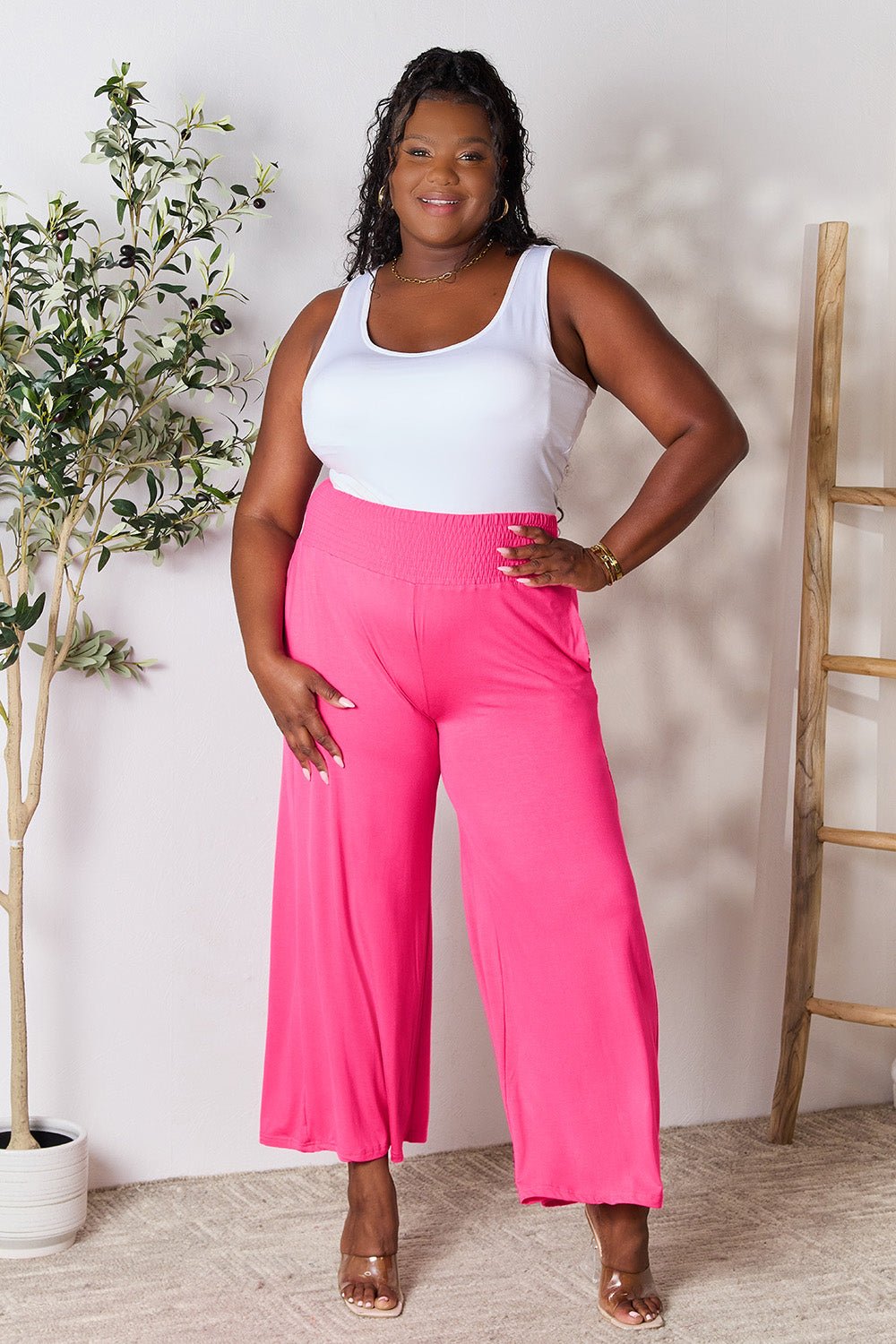 Smocked wide waistband wide leg pants, opaque.