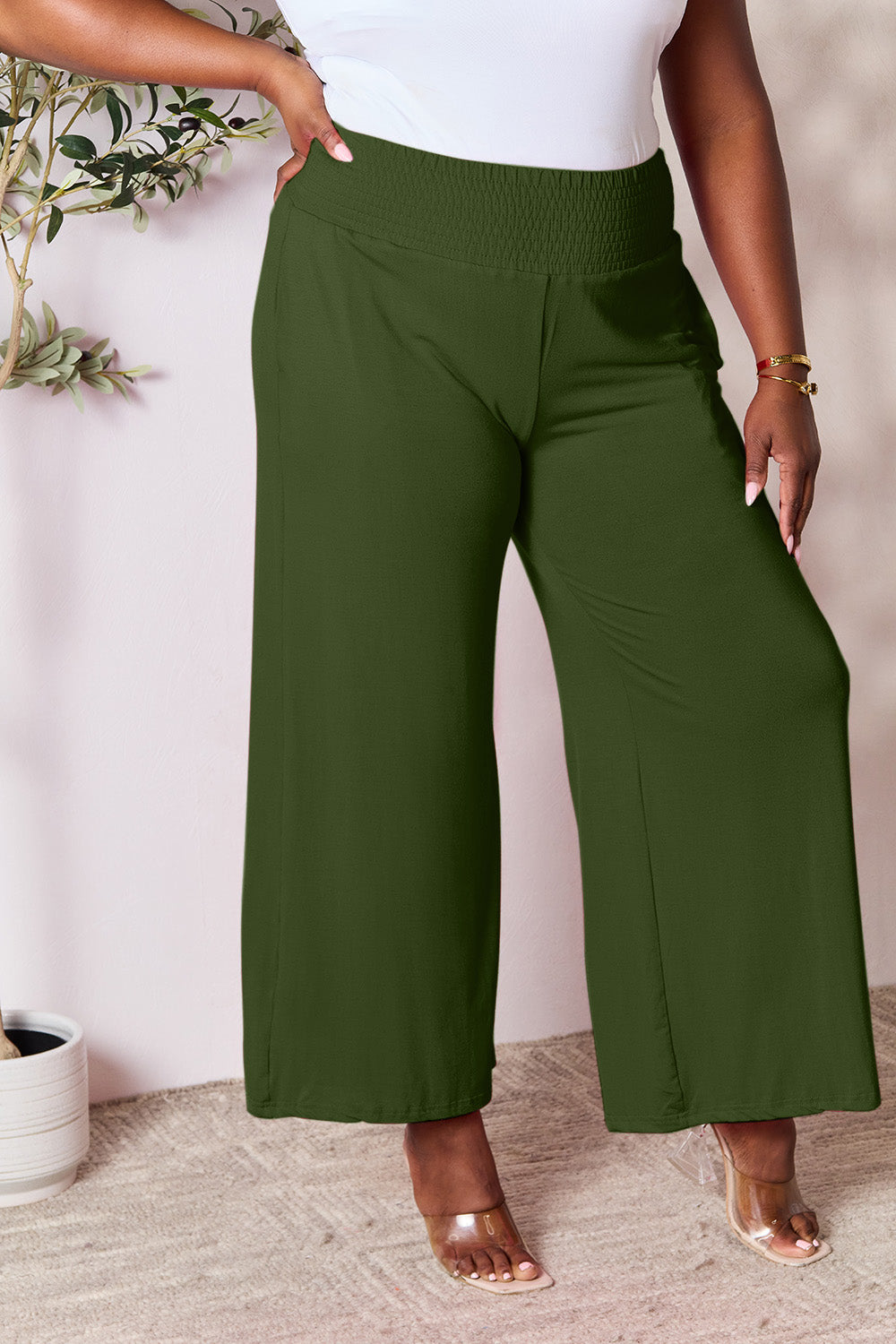 Smocked wide waistband wide leg pants, opaque.