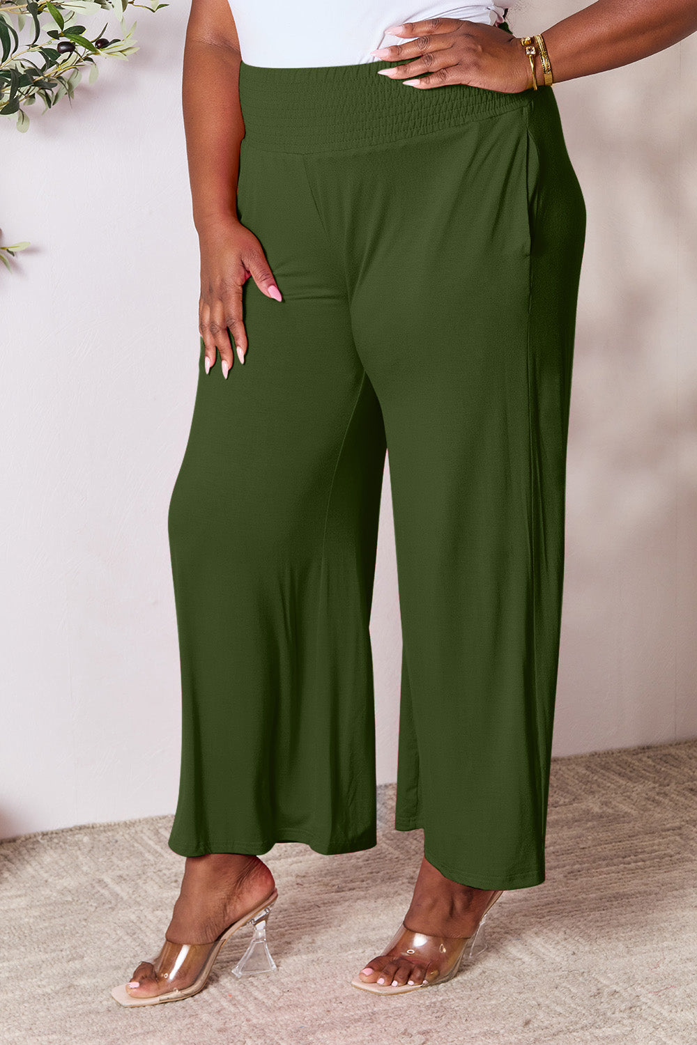 Smocked wide waistband wide leg pants, opaque.